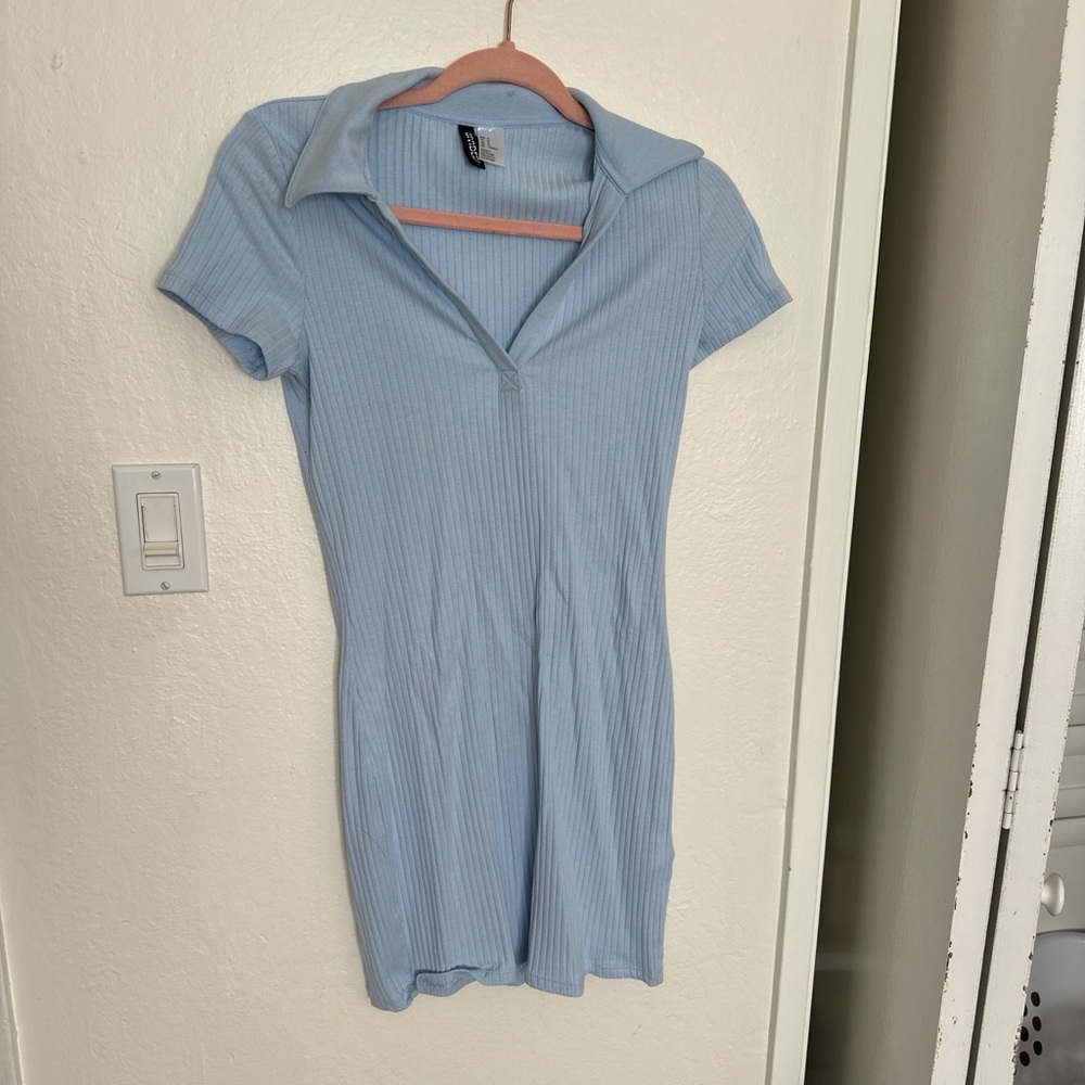 Light Blue Ribbed Collared Dress